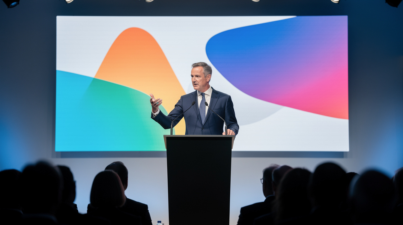 Executive delivering a keynote speech on stage