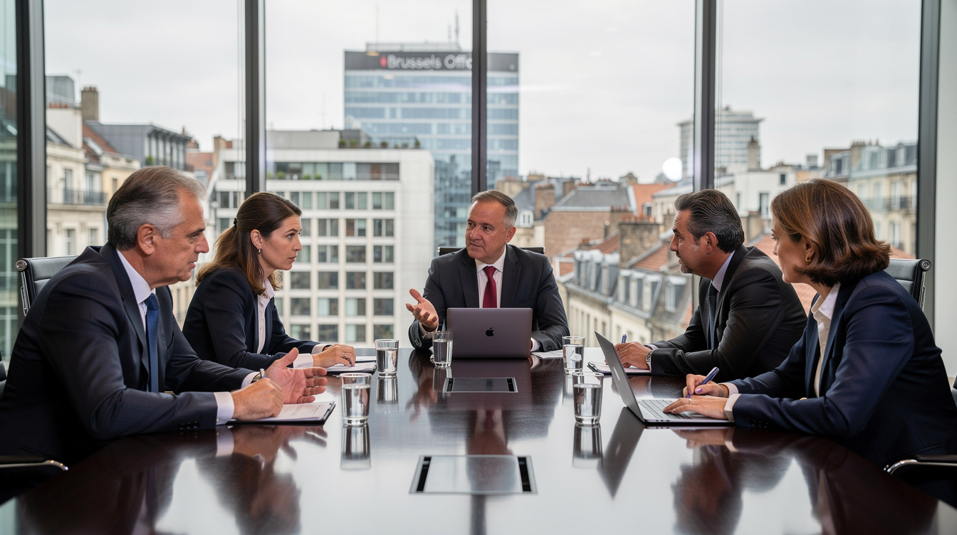 Executives in a modern boardroom discussion